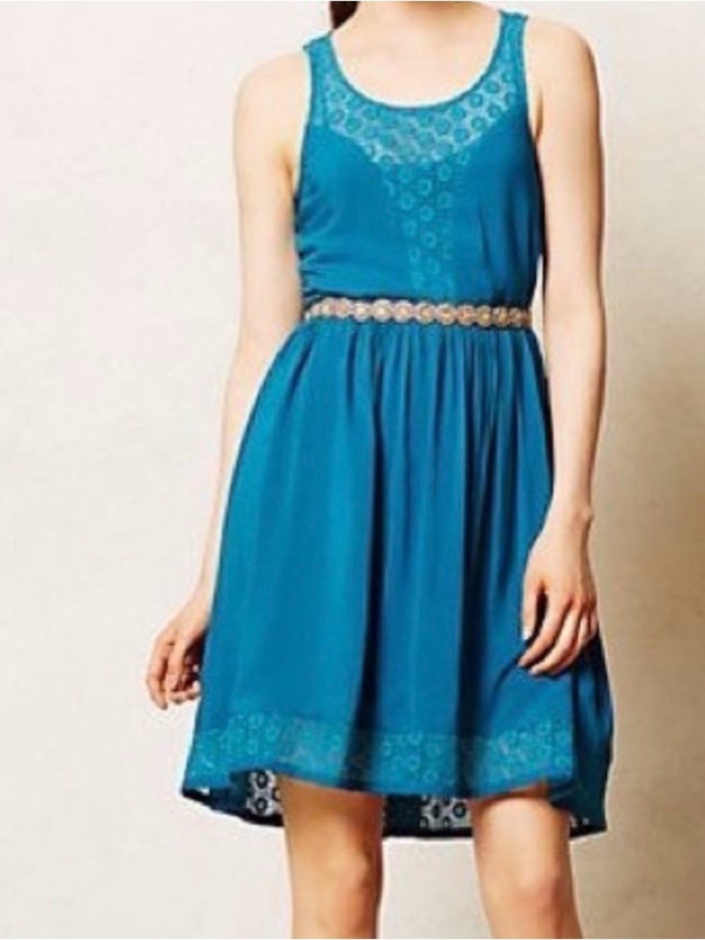 Anthropologie Lilka Teal Lace-Trim Sleeveless Dress